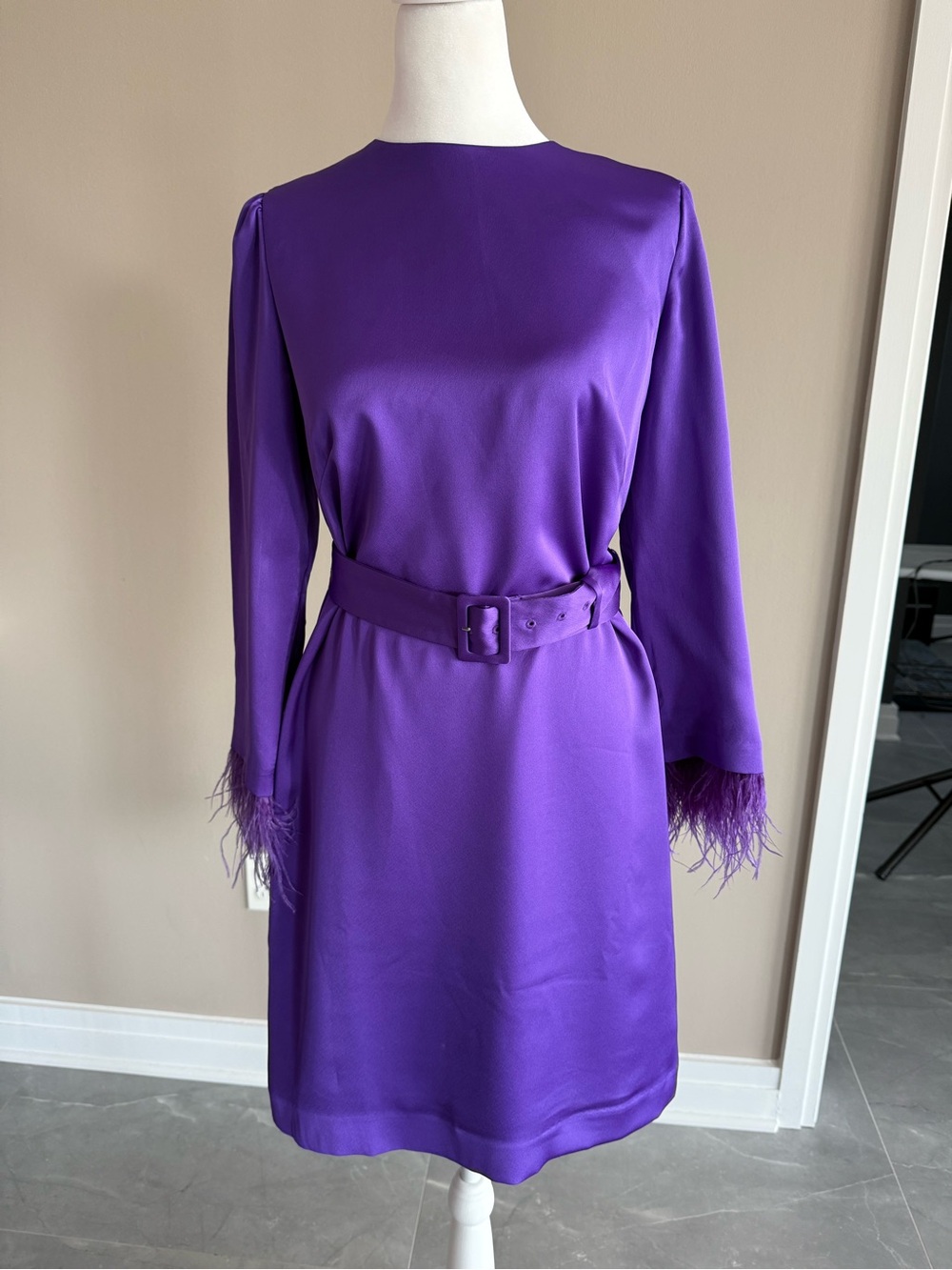 Ann Taylor Violet Satin Belted Long-Sleeve Dress with Feather Cuffs